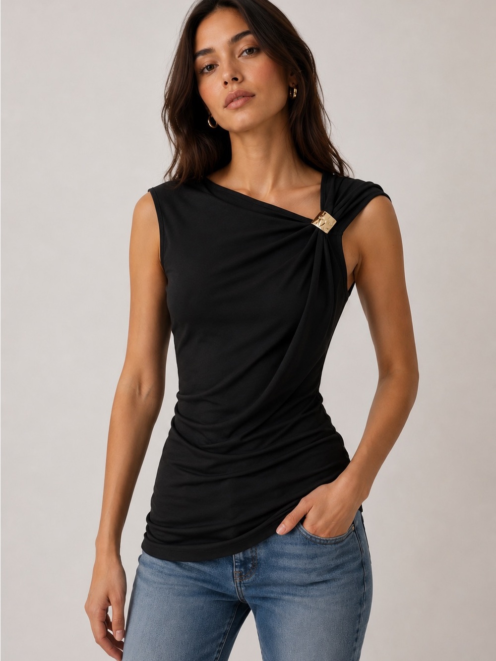 Sleeveless Black Top with Rouching and Gold Trim (New/Unworn)